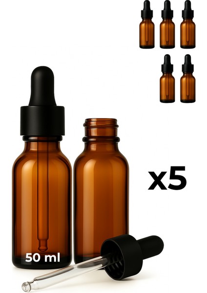 5’li 50 ml Amber Cam Serum Şişesi + Siyah Metal Kapaklı Siyah Uçlu Damlalık