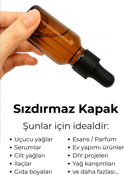 5’li 50 ml Amber Cam Serum Şişesi + Siyah Metal Kapaklı Siyah Uçlu Damlalık modelleri