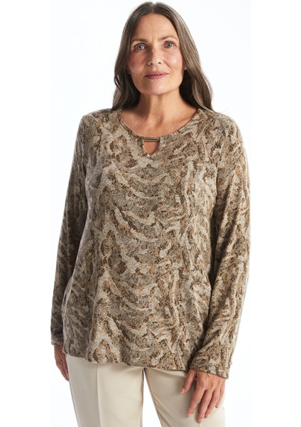 Yeni Sezon Bisiklet Yaka Desenli Uzun Kollu Kadın Bluz