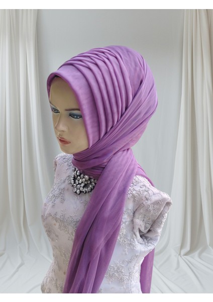 Lila Renk Esnek Kumaş Tektek Hazır Duvak Hazır Şal Hazır Türban