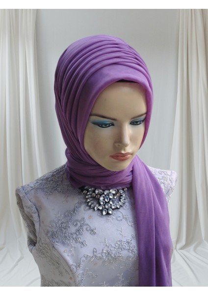 Lila Renk Esnek Kumaş Tektek Hazır Duvak Hazır Şal Hazır Türban modelleri