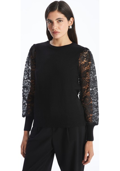 Yeni Sezon Bisiklet Yaka Dantel Detaylı Kadın Triko Kazak
