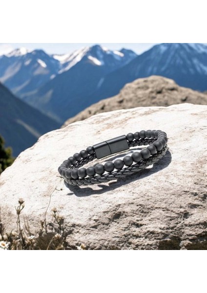 Erkek Oniks Doğaltaş ve Deri Erkek Bileklik