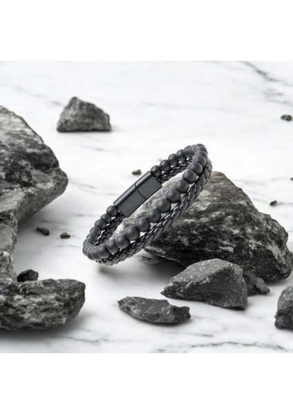 Erkek Oniks Doğaltaş ve Deri Erkek Bileklik modelleri