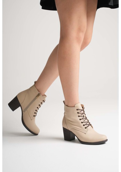 Kadın Hakiki Deri Bağcıklı Topuklu Bot - Bej fiyatları
