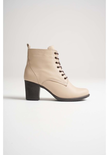 Kadın Hakiki Deri Bağcıklı Topuklu Bot - Bej modelleri
