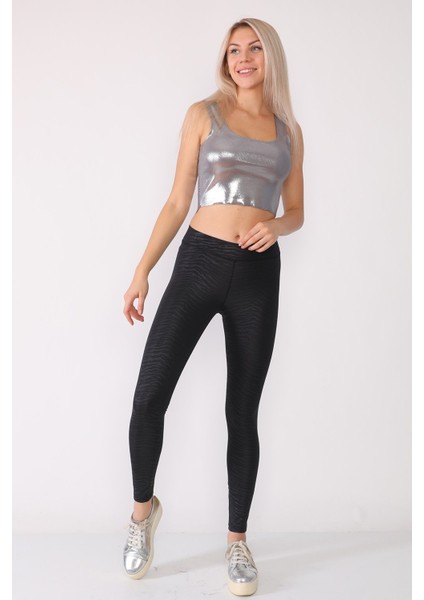 Dar Kesim Zebra Desenli Düşük Bel Siyah Tayt