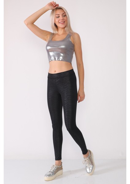 Dar Kesim Zebra Desenli Düşük Bel Siyah Tayt fiyatları