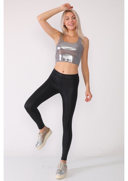 Dar Kesim Zebra Desenli Düşük Bel Siyah Tayt modelleri