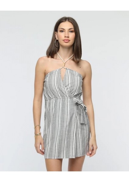 Lvsqvr Kuşaklı Çizgili Mini Keten Elbise Gri (Beden: L)
