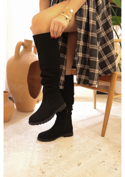 Nıvra Siyah Süet Dikişli Taban Fermuarlı Diz Altı Körüklü Günlük Kadın Bot fırsatları