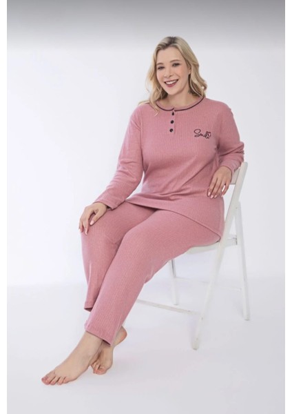 Kadın Kışlık Büyük Beden Yakası Düğmeli Uzun Kollu Interlok Pijama Takımı