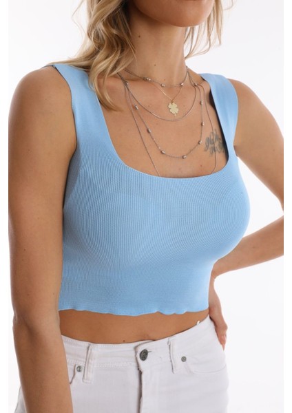 U Yaka Standart Beden Basic Yazlık Mavi Triko Bluz