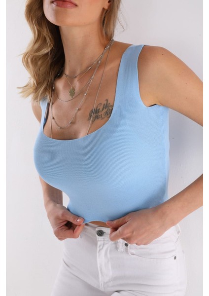 U Yaka Standart Beden Basic Yazlık Mavi Triko Bluz fiyatları