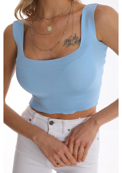 U Yaka Standart Beden Basic Yazlık Mavi Triko Bluz modelleri