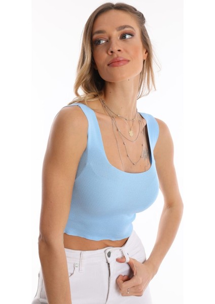 U Yaka Standart Beden Basic Yazlık Mavi Triko Bluz fırsatları