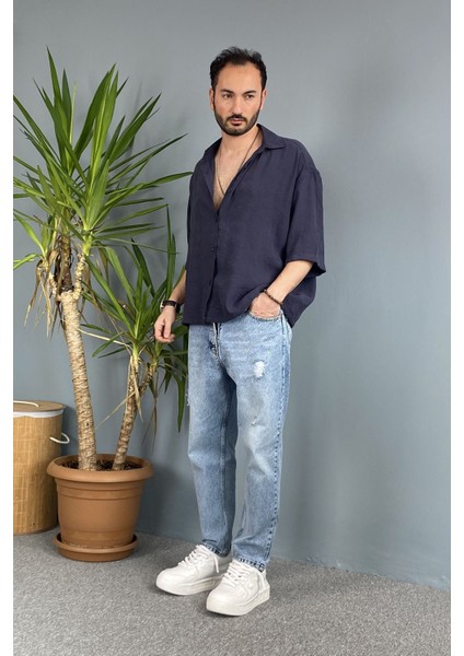 Nakışlı Oversize Asimetrik Kısa Kol Gömlek Haki