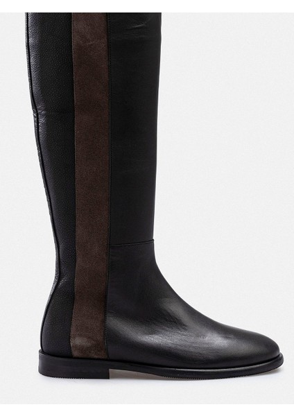 Kahverengi Süet Şerit Detaylı Hakiki Deri Siyah Çizme