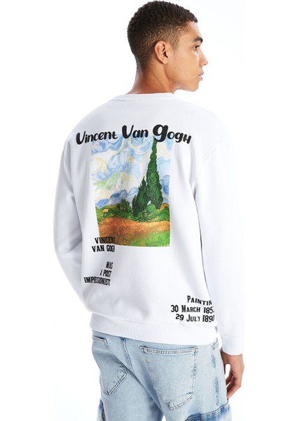 Yeni Sezon Bisiklet Yaka Uzun Kollu Van Gogh Baskılı Erkek Kalın Sweatshirt