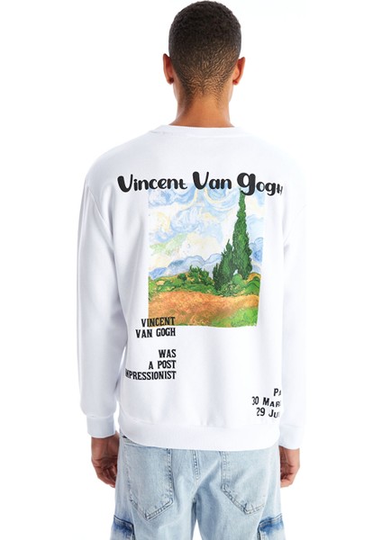 Yeni Sezon Bisiklet Yaka Uzun Kollu Van Gogh Baskılı Erkek Kalın Sweatshirt fırsatları