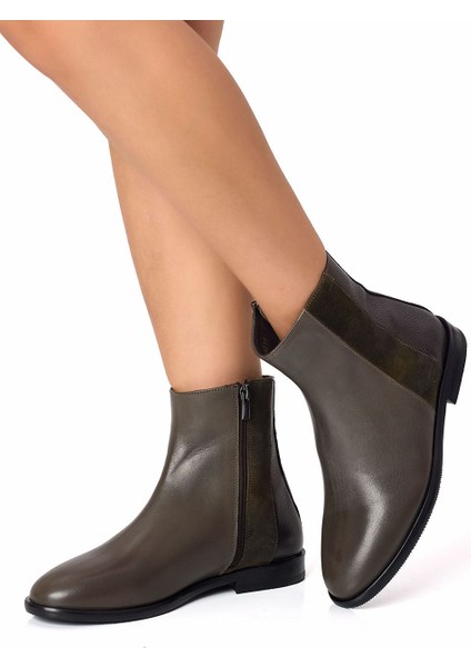 Olive Hakiki Deri Fermuarlı Kadın Bot
