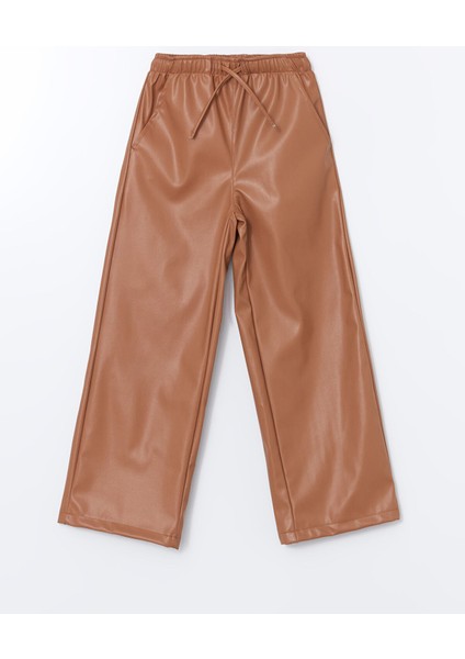 Yeni Sezon Beli Lastikli Deri Görünümlü Kız Çocuk Pantolon