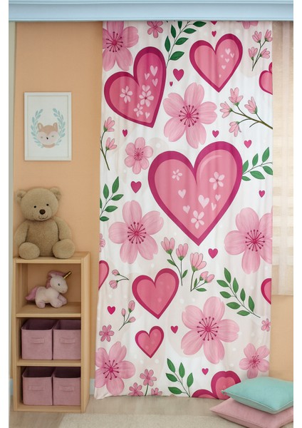 Kalp Bahçesi Çiçekli Kalp Çift Kanatlı Çocuk Odası Perdesi