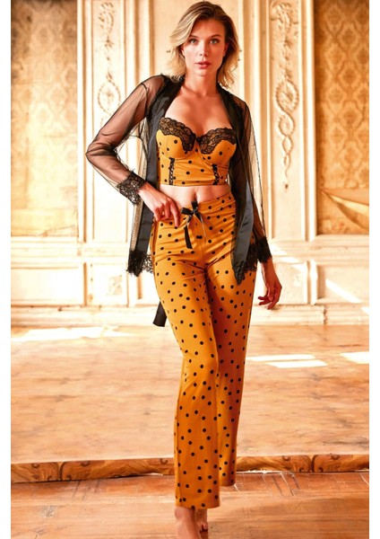 Mdb Tül Dantelli Sabahlık Balenli Destekli Dolgulu Puantiyeli Büstiyer Sütyen ve Pantolon Pijama 3lü Takım