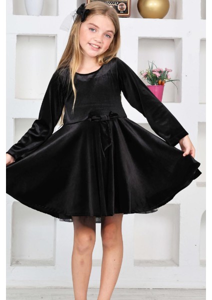 Kız Çocuk Kadife Elbise-Içi Tüllü ve Fiyonk Süslemeli 7-12 Yaş 12427