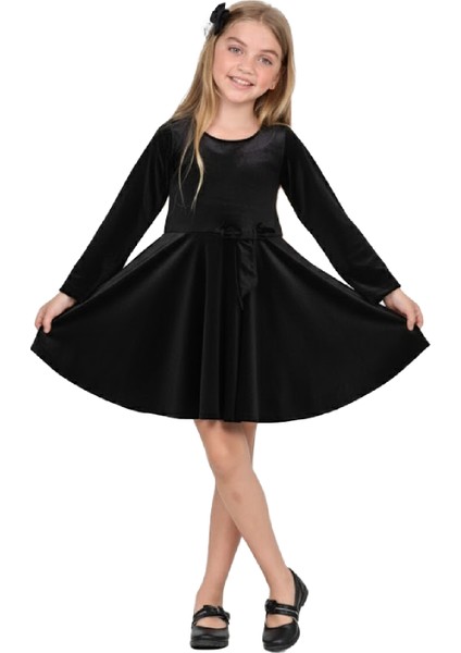 Kız Çocuk Kadife Elbise-Içi Tüllü ve Fiyonk Süslemeli 7-12 Yaş 12427 fiyatları