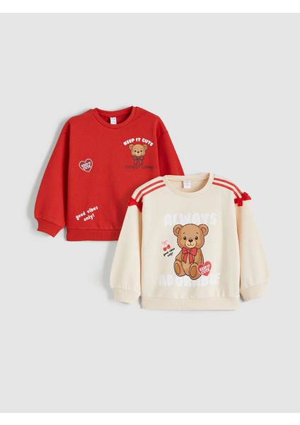 Yeni Sezon Bisiklet Yaka Kız Çocuk Kalın Sweatshirt 2'li