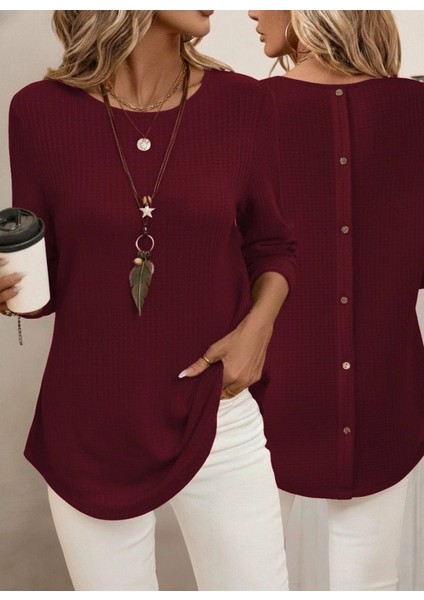 Kadın Uzun Kollu Yuvarlak Yaka Arkadan Düğmeli Waffle Bluz