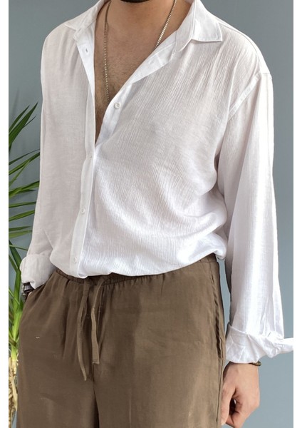 %100 Pamuk Dokulu Keten Oversize Uzun Kol Beyaz Gömlek