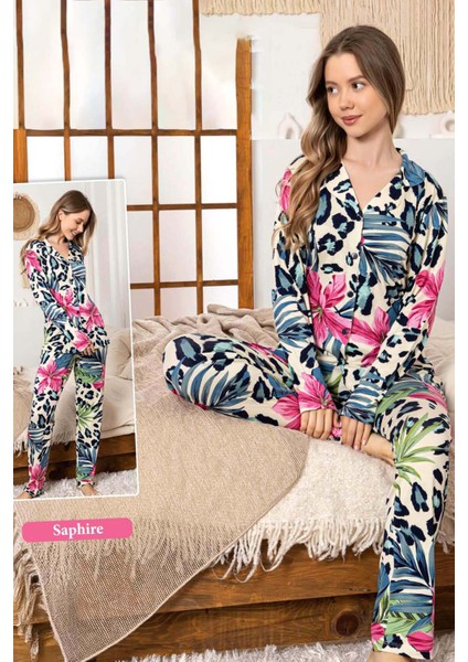 Kadın Tropik Desen Düğmeli Saphire Pijama Takımı 0341 Krem modelleri