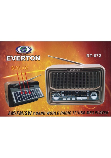 RT-672 Bluetooth Fm-Usb-Tf-Aux Şarjlı Solar Nostaljik Radyo