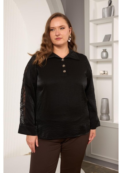Pul Payet Detaylı Siyah Saten Büyük Beden Kadın Bluz