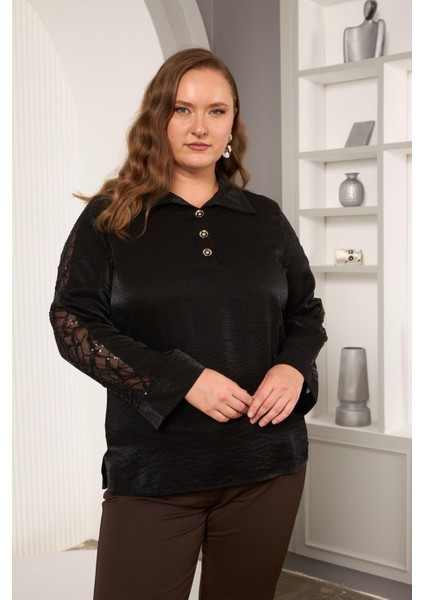 Pul Payet Detaylı Siyah Saten Büyük Beden Kadın Bluz fiyatları