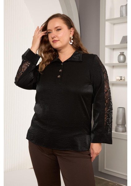 Pul Payet Detaylı Siyah Saten Büyük Beden Kadın Bluz modelleri