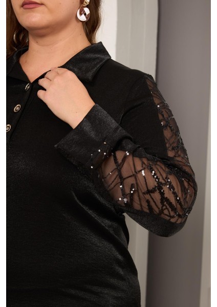 Pul Payet Detaylı Siyah Saten Büyük Beden Kadın Bluz fırsatları