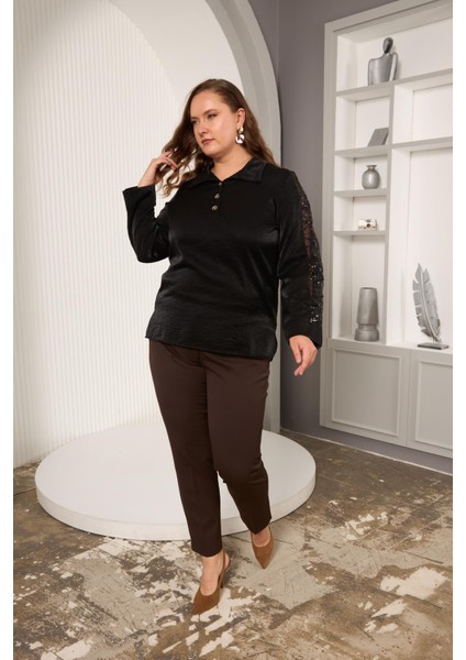 Pul Payet Detaylı Siyah Saten Büyük Beden Kadın Bluz indirimleri