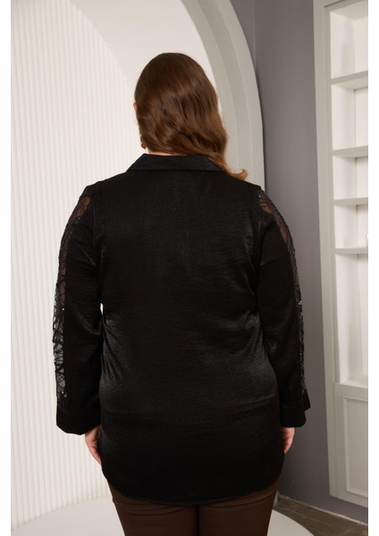 Pul Payet Detaylı Siyah Saten Büyük Beden Kadın Bluz