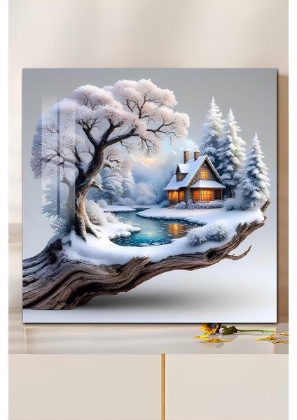 3D Görünümlü Temperli Cam Tablo – Kış Manzaralı Kulübe ve Donmuş Göl Uv Baskı 33X33 CM-CTK146