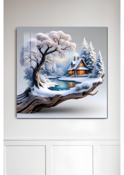 3D Görünümlü Temperli Cam Tablo – Kış Manzaralı Kulübe ve Donmuş Göl Uv Baskı 33X33 CM-CTK146 fiyatları