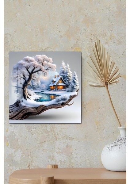 3D Görünümlü Temperli Cam Tablo – Kış Manzaralı Kulübe ve Donmuş Göl Uv Baskı 33X33 CM-CTK146 modelleri