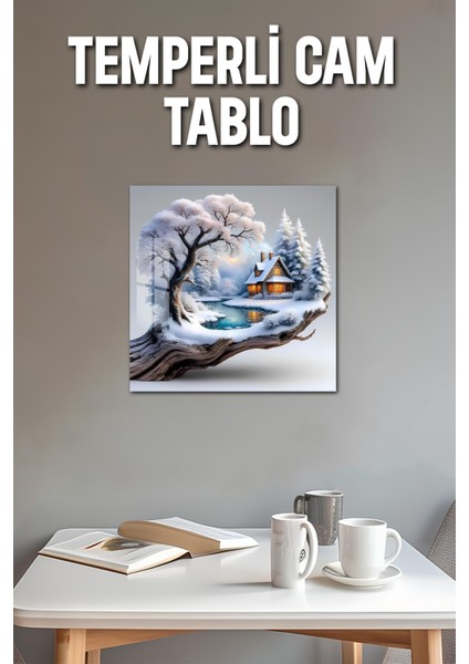 3D Görünümlü Temperli Cam Tablo – Kış Manzaralı Kulübe ve Donmuş Göl Uv Baskı 33X33 CM-CTK146