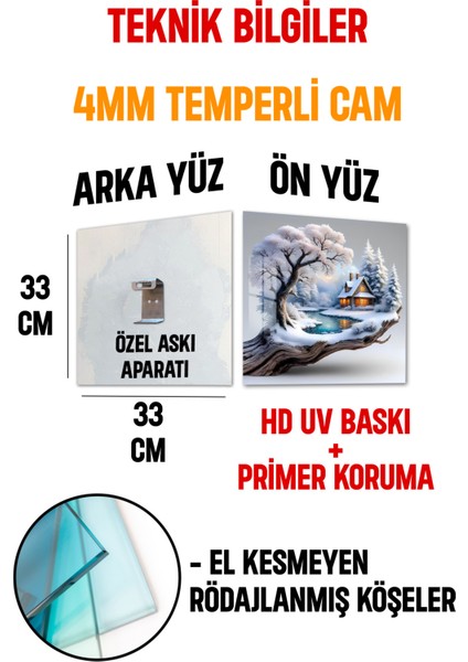 3D Görünümlü Temperli Cam Tablo – Kış Manzaralı Kulübe ve Donmuş Göl Uv Baskı 33X33 CM-CTK146