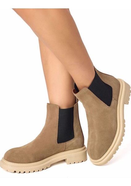 Kum Beji Hakiki Deri Süet Lastikli Chealsea Kadın Bot