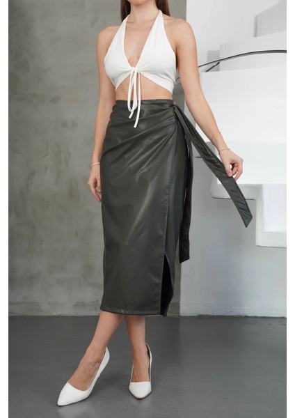 Lvsqvr Kuşaklı Uzun Deri Etek Haki H26414 (Beden: M)