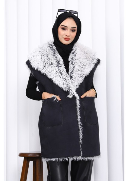 Siyah Kruvaze Yaka İçi Kürklü Süet Yelek