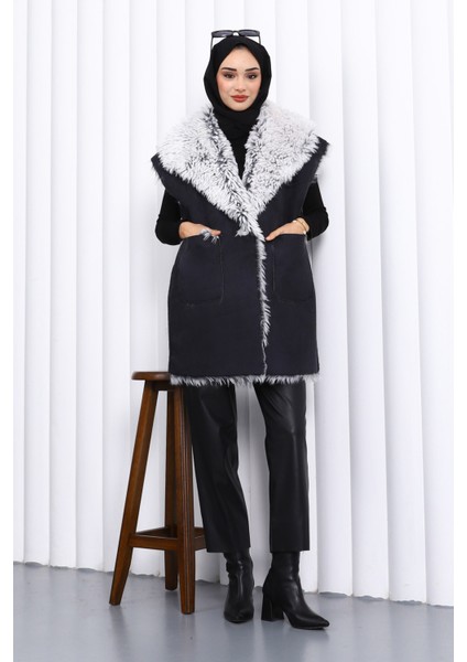 Siyah Kruvaze Yaka İçi Kürklü Süet Yelek fiyatları